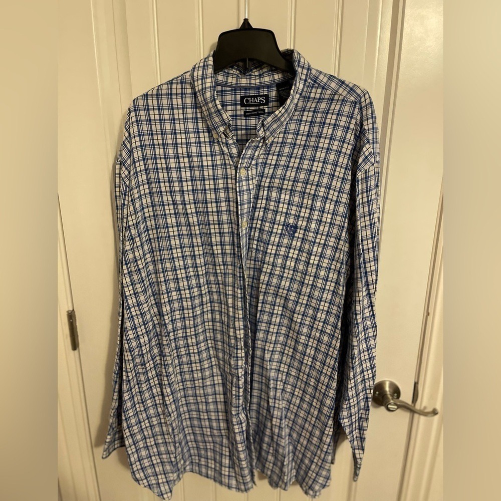 Chaps men's 4XB blues & black‎ plaid long sleeve button down. Easy care twill